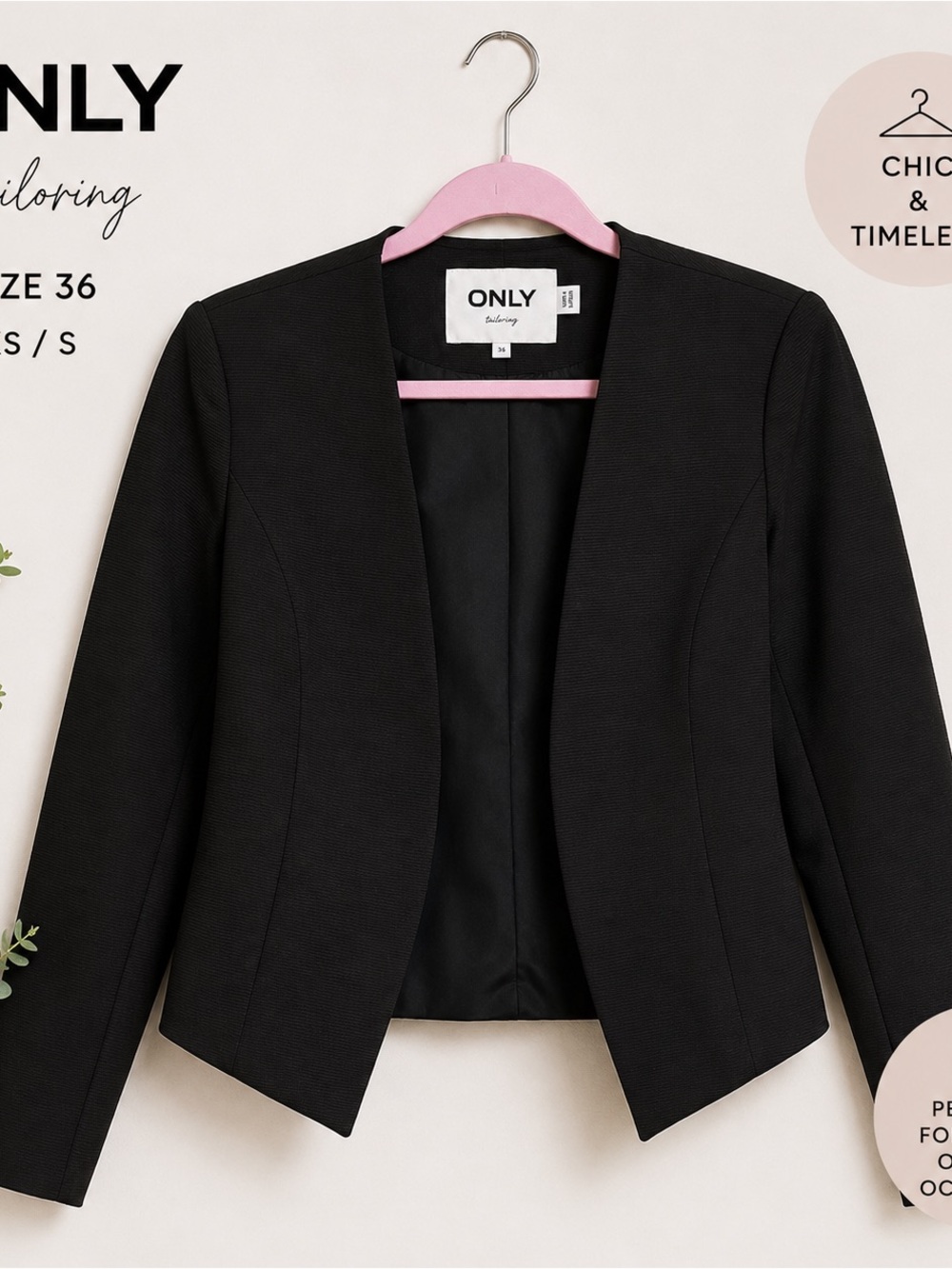 ONLY Tailoring Black Open Front Cropped Blazer Jacket Women’s Size 36 XS/S